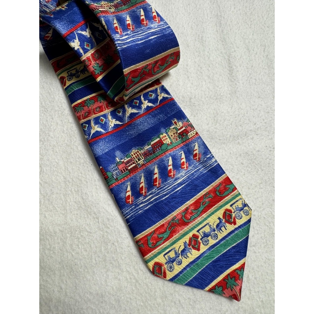 English Sports Shop Bermuda Silk Tie Necktie Blue Island Scenes 3.85"x58"
